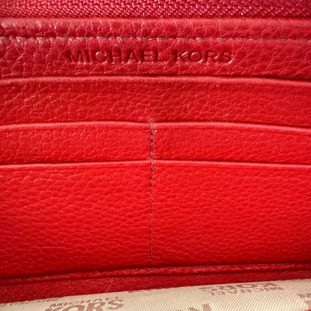 Michael‎ Kors Red Leather Zip Around Continental Wallet Gold Tone Hardware